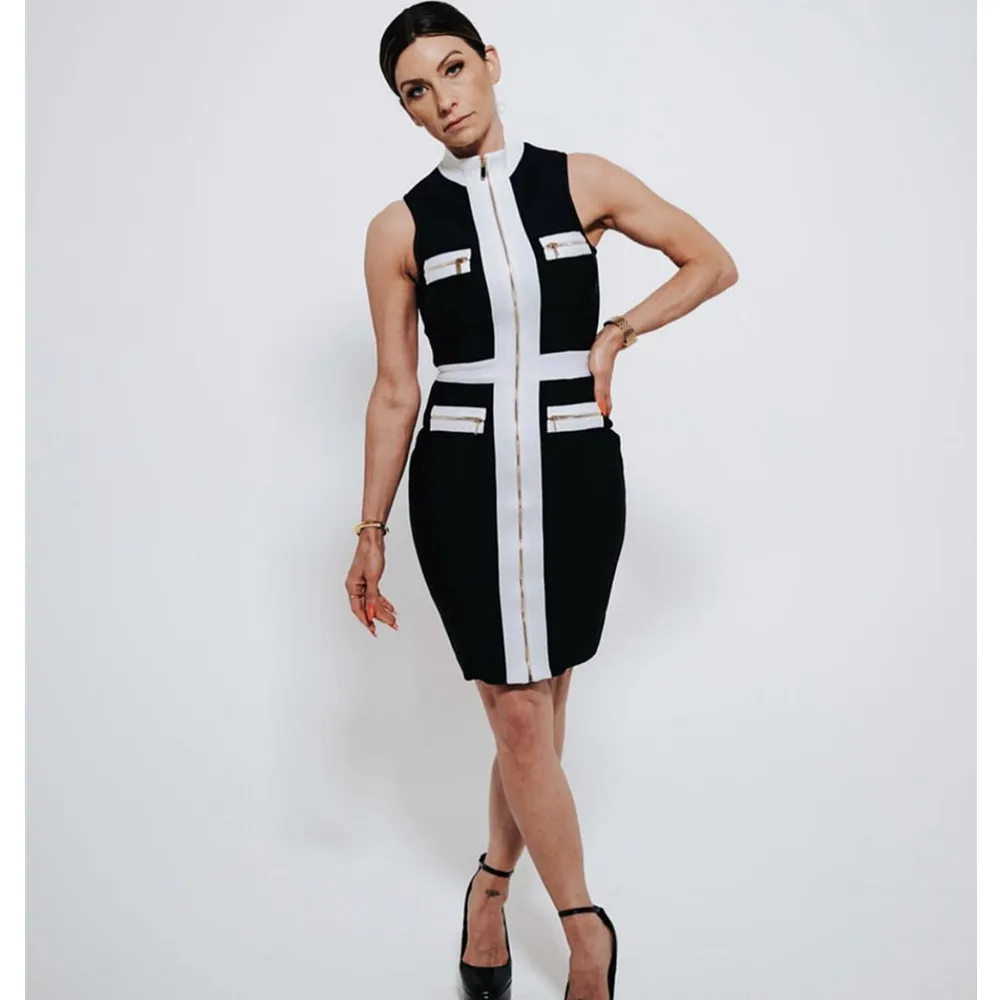 

New Bandage Fashionable Elegant Black And White Spliced OL Dress