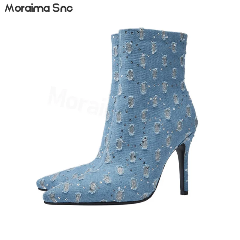Denim Ripped Retro Short Boots Pointed Toe Stiletto Heel Sequined Autumn Large Size Boots Sexy Fashionable Women's Boots
Denim Ripped Retro Short Boots Pointed Toe Stiletto Heel Sequined Autumn Large Size Boots Sexy Fashionable Women's Boots
