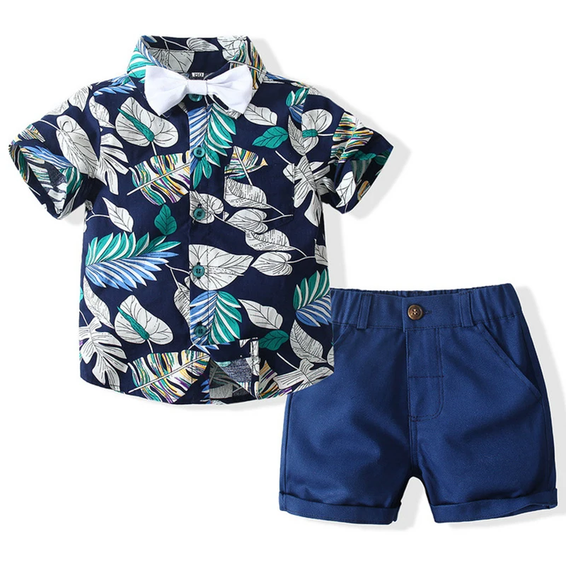 

3Piece Sets 2023 Summer Baby Boy Clothes Fashion Print Gentleman Short Sleeve Cotton Tops+Shorts+Tie Boutique Kid Clothing BC103