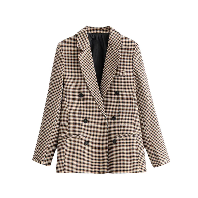 

Women Blazers Coat Fashion Office Wear Double Breasted Check Blazers Coat Vintage Long Sleeve Pockets Female Outerwear Chic Tops