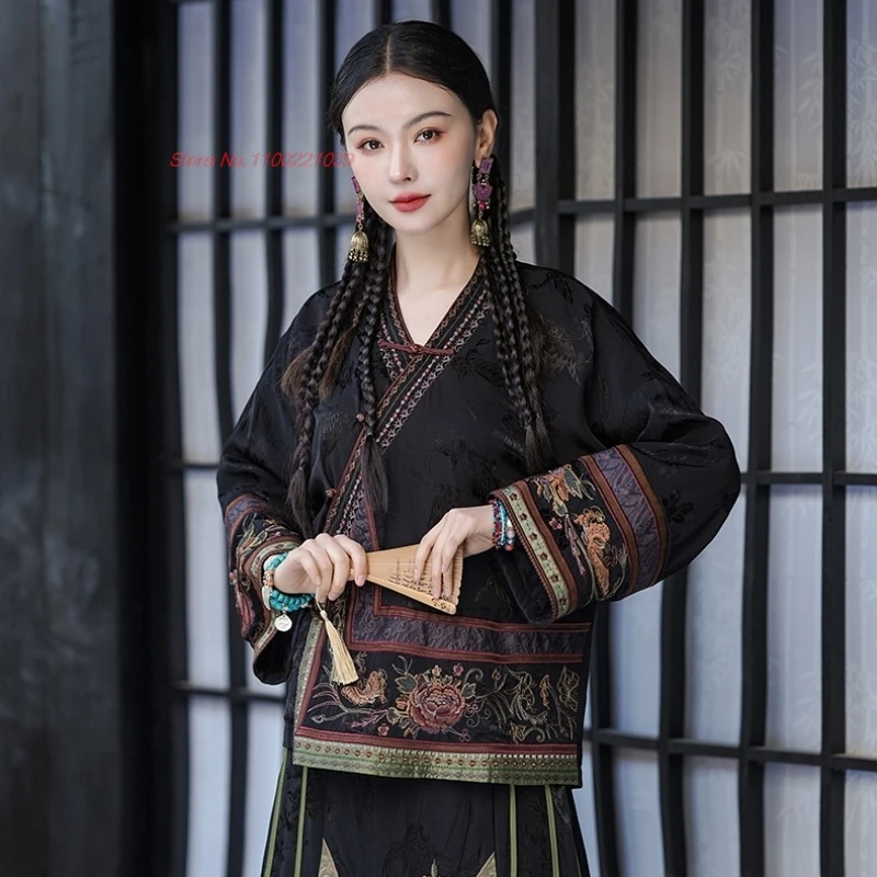 

2024 traditional chinese vintage coat national flower embroidery improved v-neck folk jacket oriental satin jacquard hanfu tops