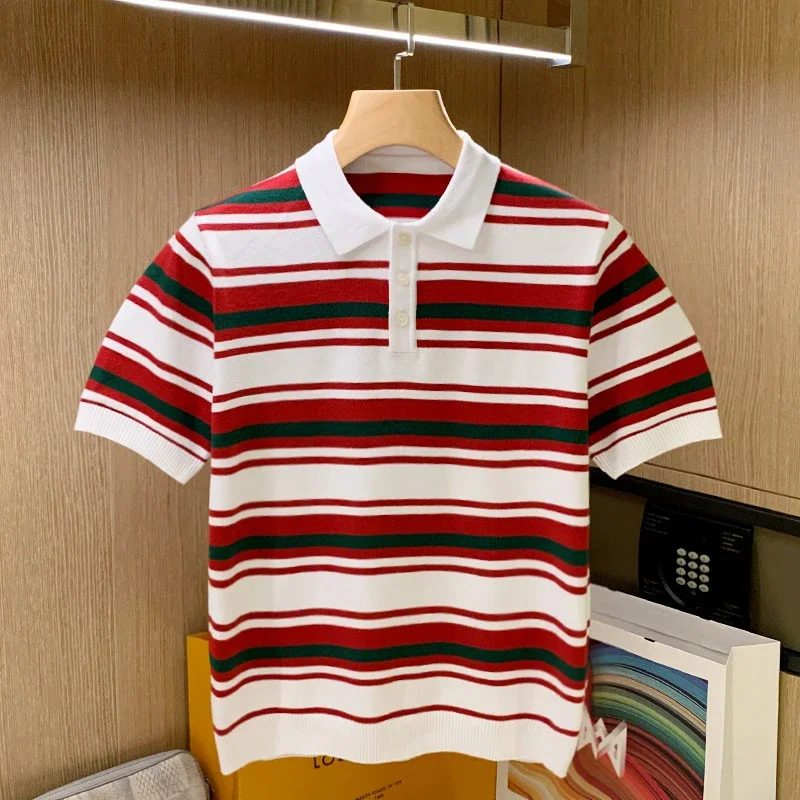 Summer Fashion Striped Knitted Sweaters Short Sleeve Tees Tops Men Polo Shirt Casual Lapel Contrast Color Polo Shirt Retro W23
Summer Fashion Striped Knitted Sweaters Short Sleeve Tees Tops Men Polo Shirt Casual Lapel Contrast Color Polo Shirt Retro W23