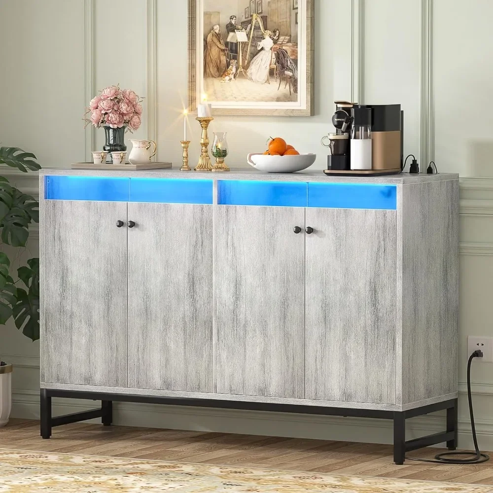 

Sideboard Buffet Cabinet with Power Outlet, Kitchen Storage Cabinet with LED Light & Doors, Cabinet Cupboard Buffet Table