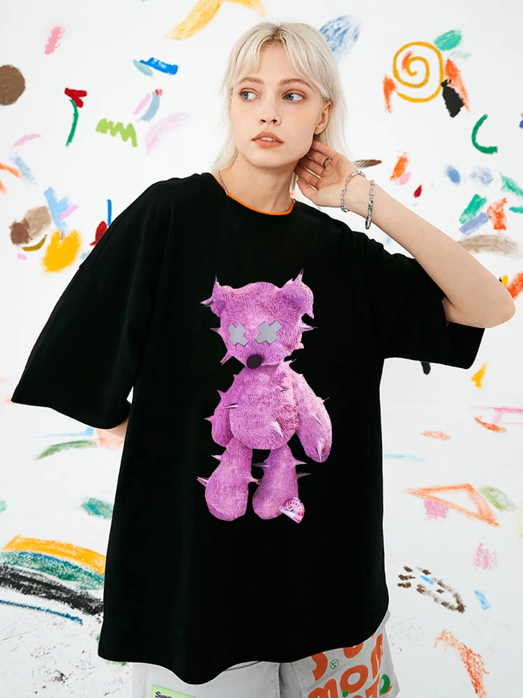 

Pink Plush Teddy Bear Kawaii Printing T-Shirt Personality Hip Hop Streetwear Cotton Brand Short Sleeve O-Neck Oversize T-Shirts