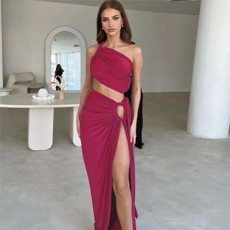 

Cover Up Dress Women Bath Exits Beach 2023 Clothes New Sexy Oblique Shoulder Backless Vest Slim Slit Skirt Suit Female Solid