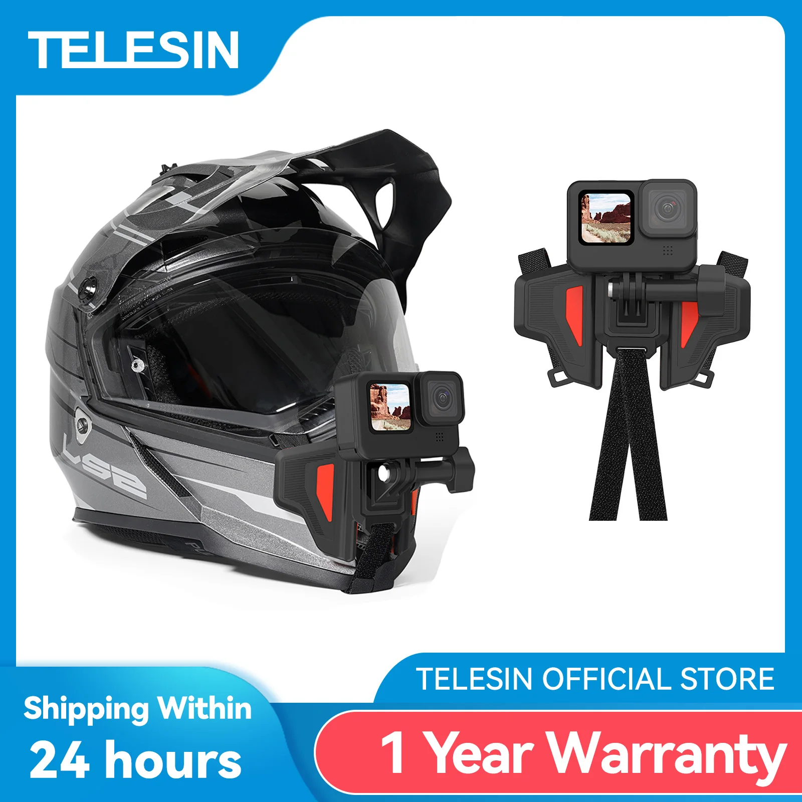 

TELESIN Motorcycle Helmet Mount Strap Flodable Front Chin Mount for GoPro Hero 12 11 10 9 8 7 6 5 DJI Osmo Action Insta360