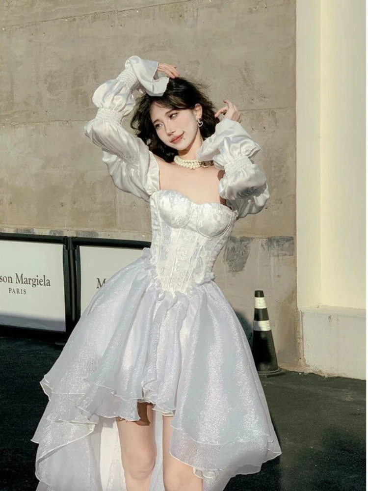 

HOUZHOU белое сказочное платье женское элегантное вечернее женское платье с длинным рукавом Сетчатое лоскутное винтажное 2023 весеннее модное платье