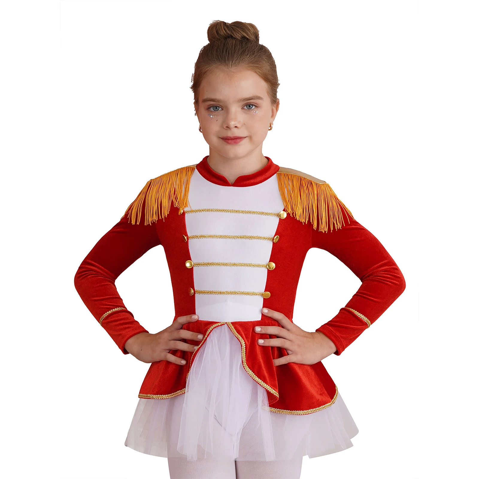 

Kids Girls Halloween Circus Ringmaster Costume Christmas Carnival Theme Party Cosplay Long Sleeve Tassel Mesh Tutu Leotard Dress