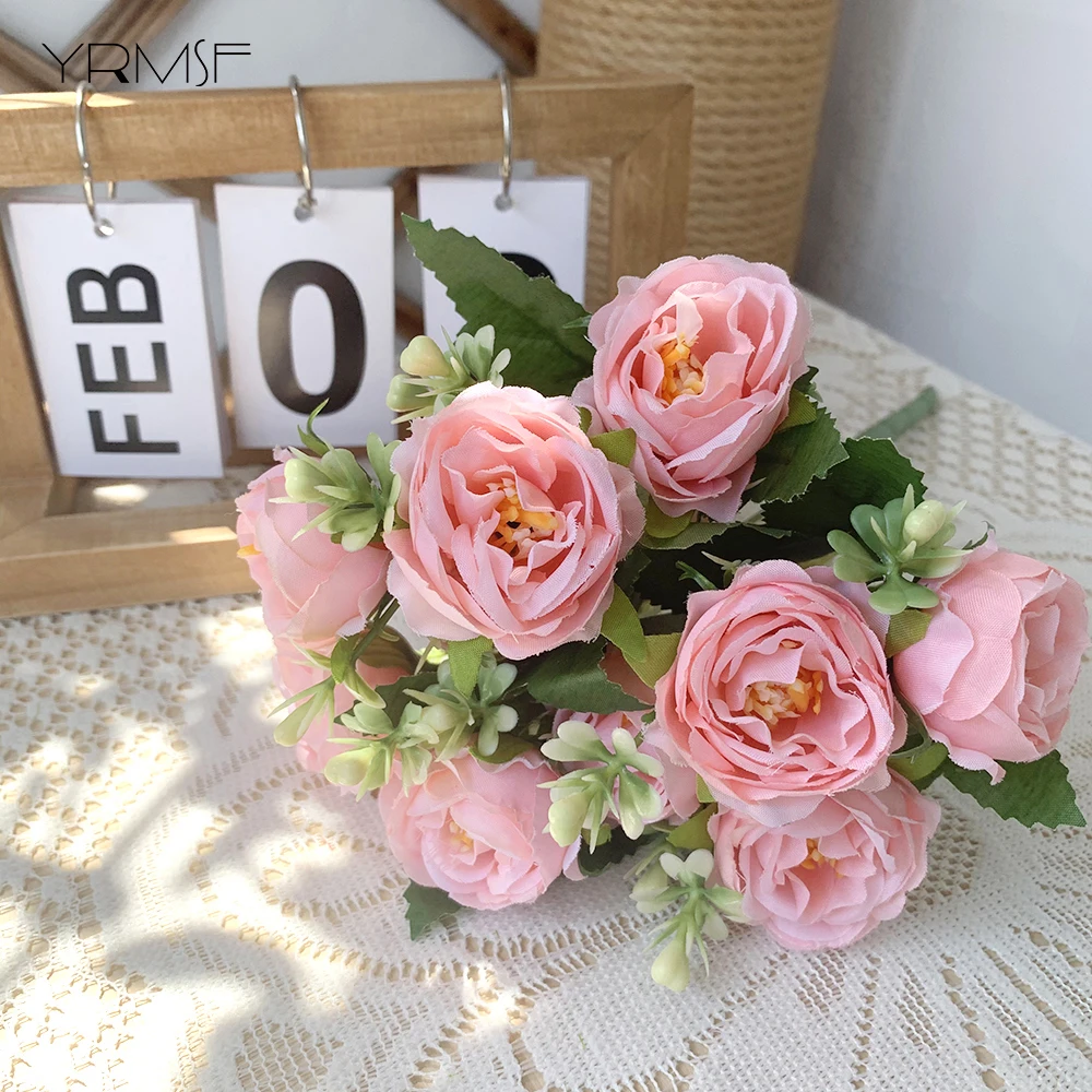 Generic Artificial Flowers 10 Heads Peony Pink Silk Roses Bride Bouquet