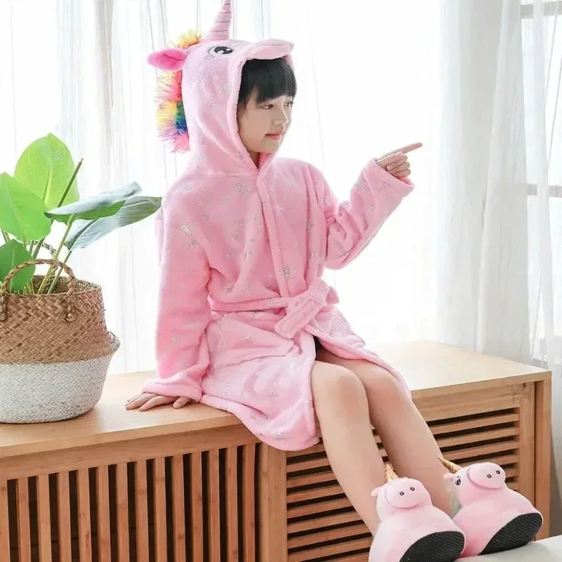

Kigurumi Unicorn Children Bathrobe Bath Robe Autumn Winter Animal Fox Hooded Pajamas For Boys Girls Towel Robes Kids Nightgown