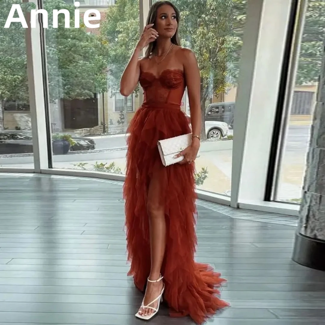 

Annie Strapless Lace Prom Dresses Ruffled Tulle Multi-layered Evening Dress Sexy Party Cocktail Dress 2023 Vestidos De Noche