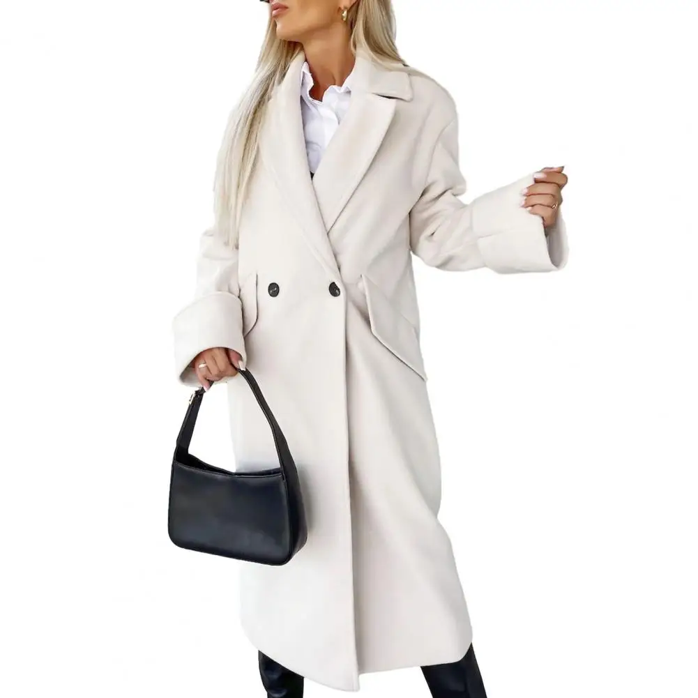 

Женское двубортное пальто, плотное ветрозащитное пальто средней длины с лацканами, однотонное пальто для женщин на осень/зиму