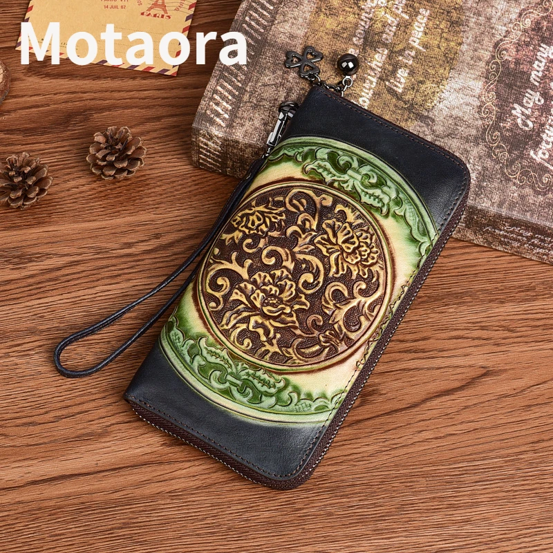 

MOTAORA Women's Wallet Long Embossed Ethnic Style Woman Handbag Cow Leather Genuine Card Phone Bag Womens Purses And Handbags