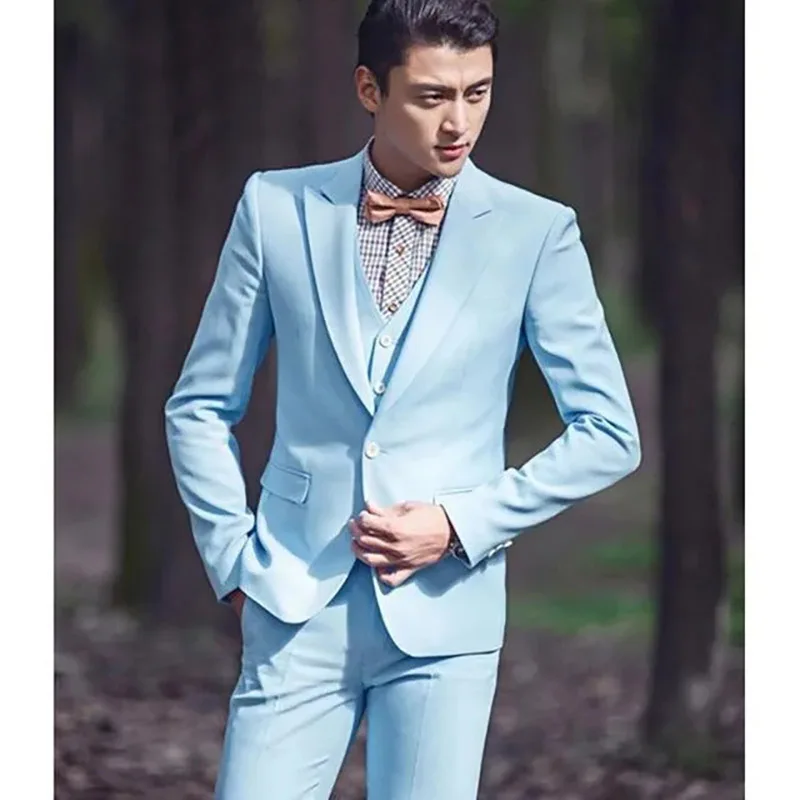 

Sky Blue 3 Piece Jacket Pants Vest Men's Suits Single Breatsed Peak Lapel Slim Fit Terno Luxury Full Set Slim Fit Party Costume