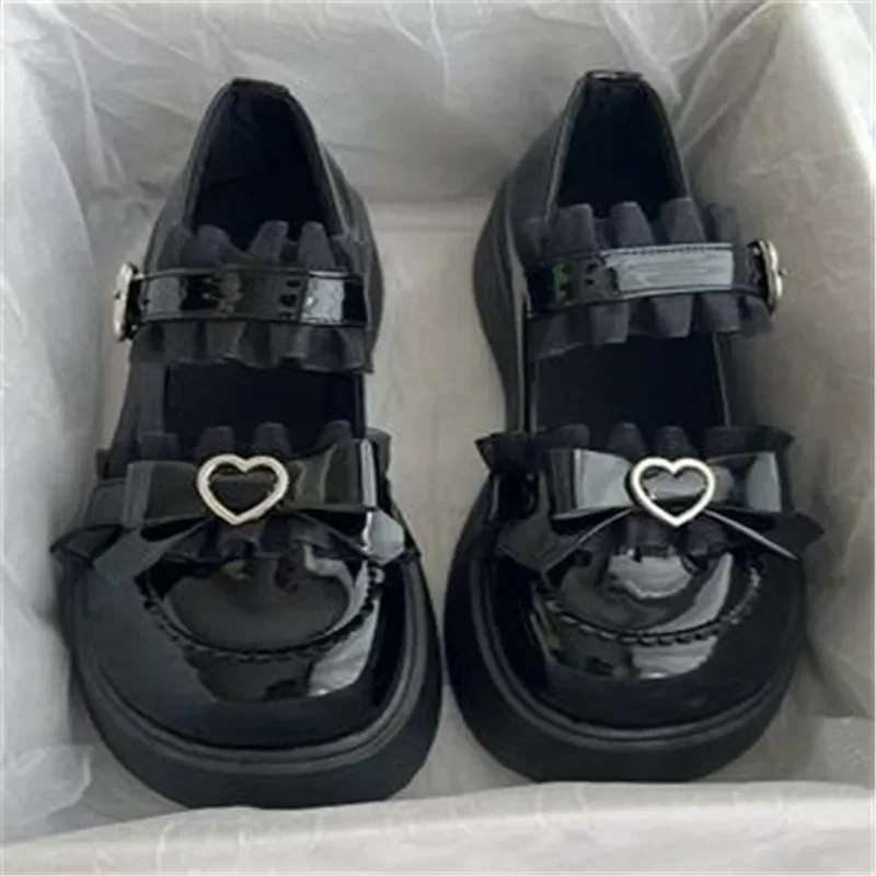 

Mary Jane Sweet Bow Lace Women Platform Shoes Round Toe Shallow Lolita Designer Dress Mid Heels Japanese Student Ladies Shoes