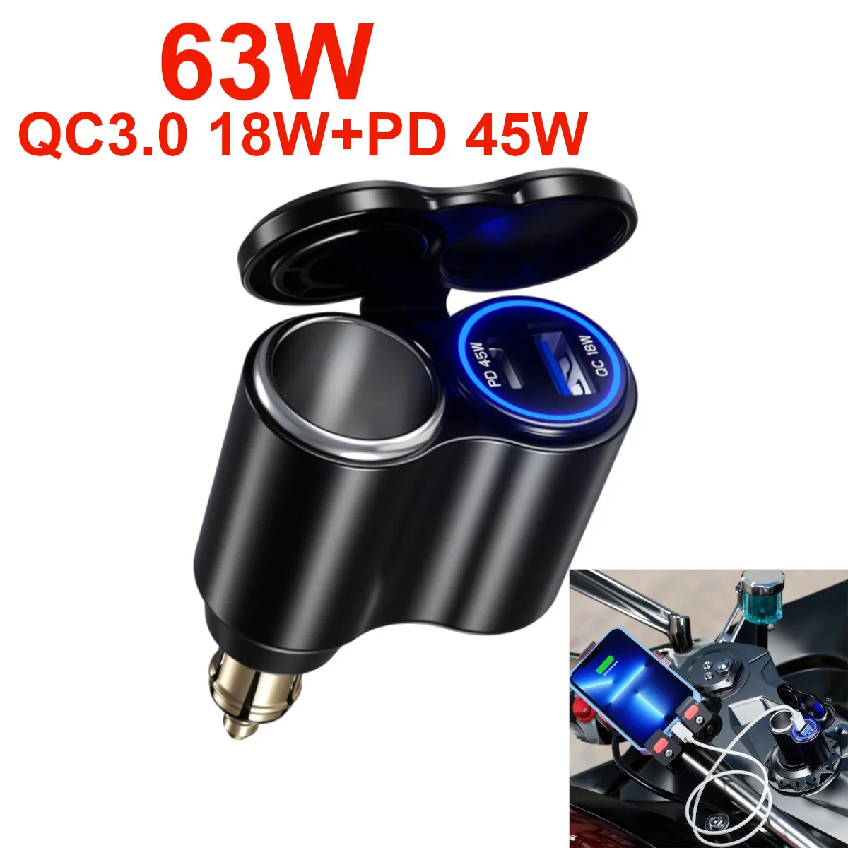 

12-24V QC3.0 +PD 3 in 1 Car Cigarette Lighter Power Adapter Fast Charger Sockets with LED Light for Truck Boat RV Bus Motorcylce