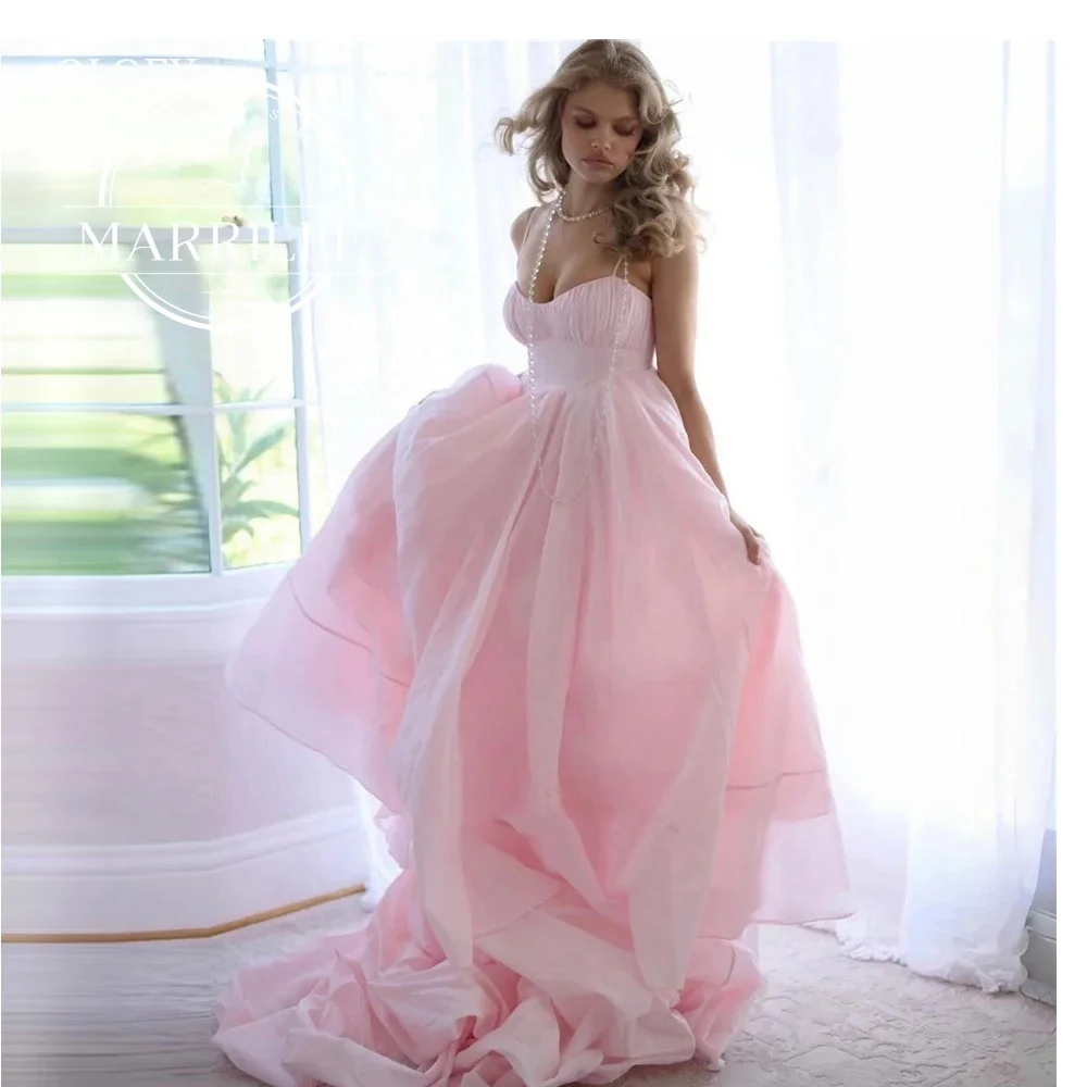 

Marrilee Simple Princess Pink Sweetheart Evening Dress Charming A-Line Pleated Spaghetti Strap Backless Floor Length Bridal Gown