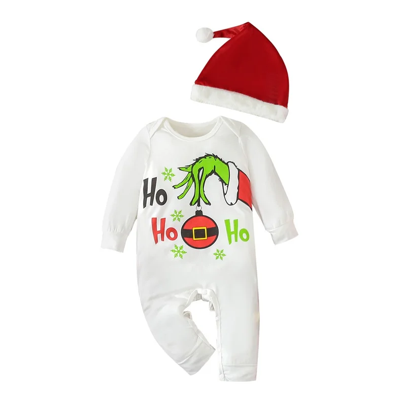 

Детский Рождественский комбинезон для новорожденных, комбинезон с длинными рукавами и мультяшным принтом снежинок, шапка, костюм Санты, зеленого Монстра