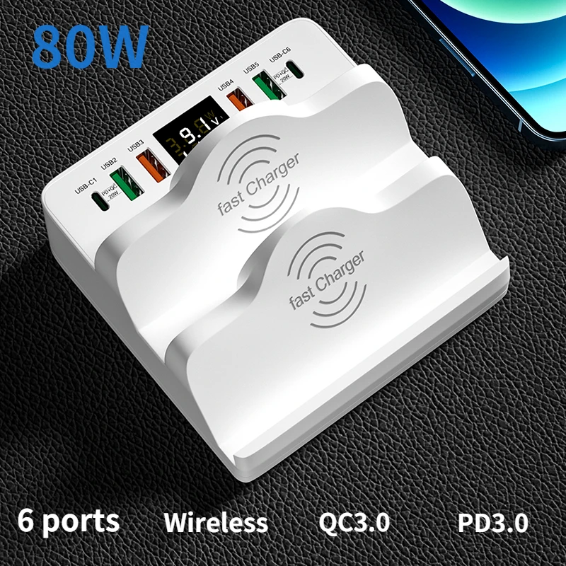 80W Dual Wireless Charger Support QC3.0 Type C PD Fast Charger Multi USB Charger HUB Fast Charging Station For iPhone13 X Xiaomi
80W Dual Wireless Charger Support QC3.0 Type C PD Fast Charger Multi USB Charger HUB Fast Charging Station For iPhone13 X Xiaomi