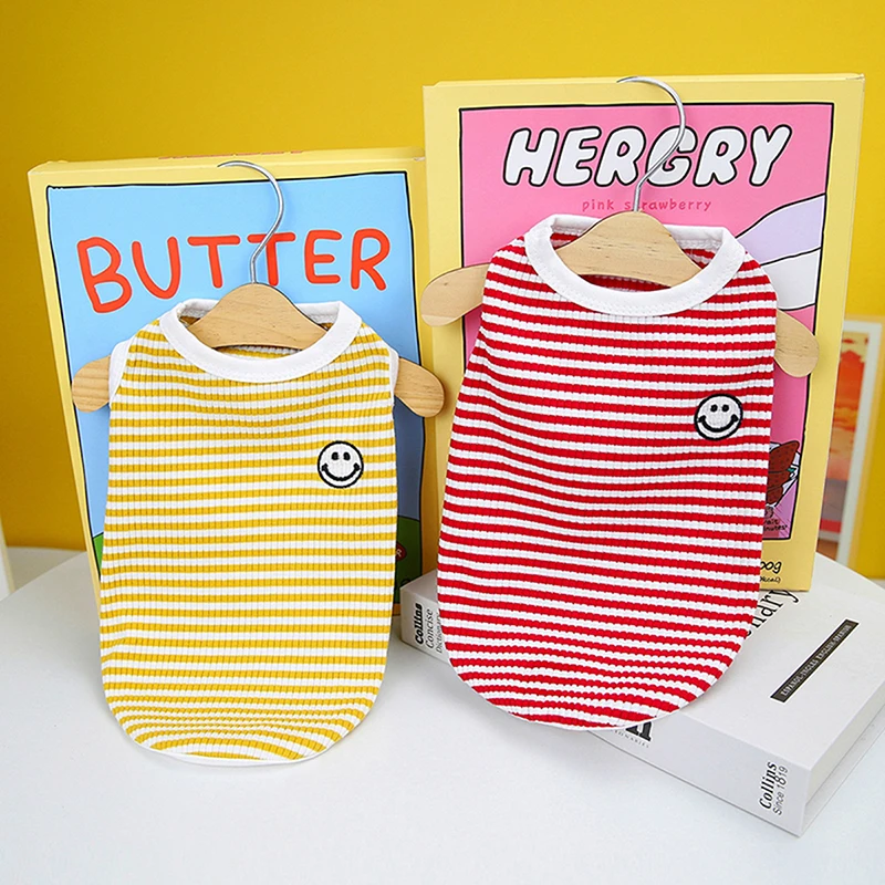 

Red Striped Smiling Face Dog Vest Fashion Bibear Teddy Summer Clothes Puppy Two Legged Clothing Pet Pullover Pet Supplies