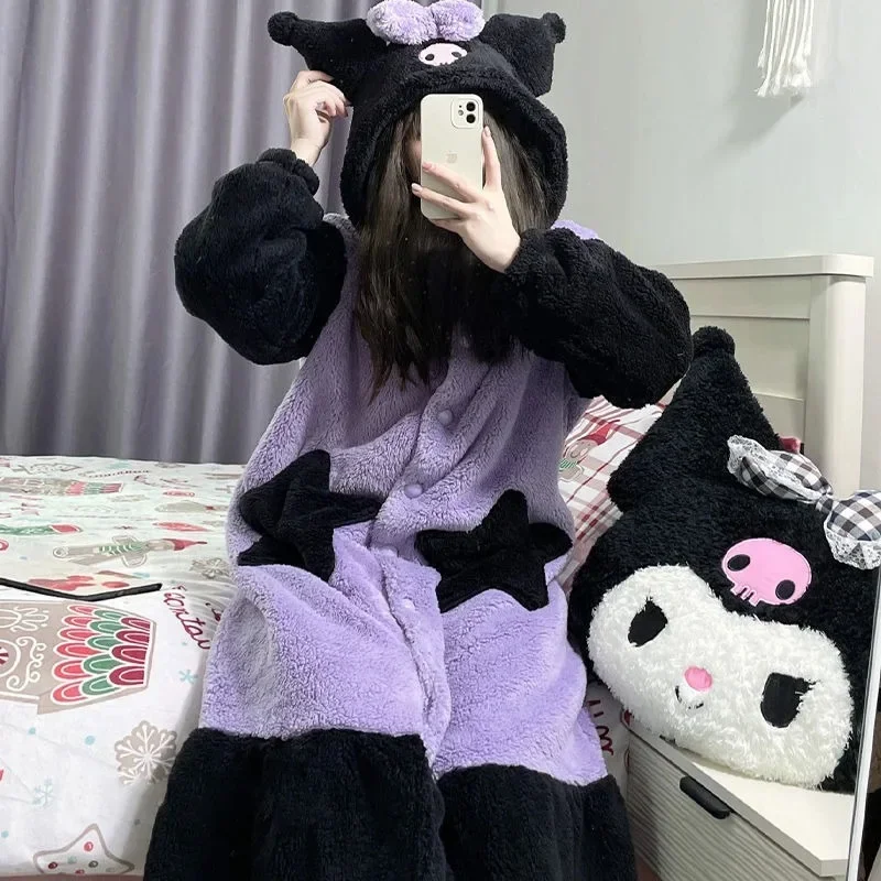 

Kuromi Sanrio Kawaii Anime Plush Pajama Dress Cute Magic Student Winter Thickened Flannel Warm Homelike Set Girl Birthday Gift