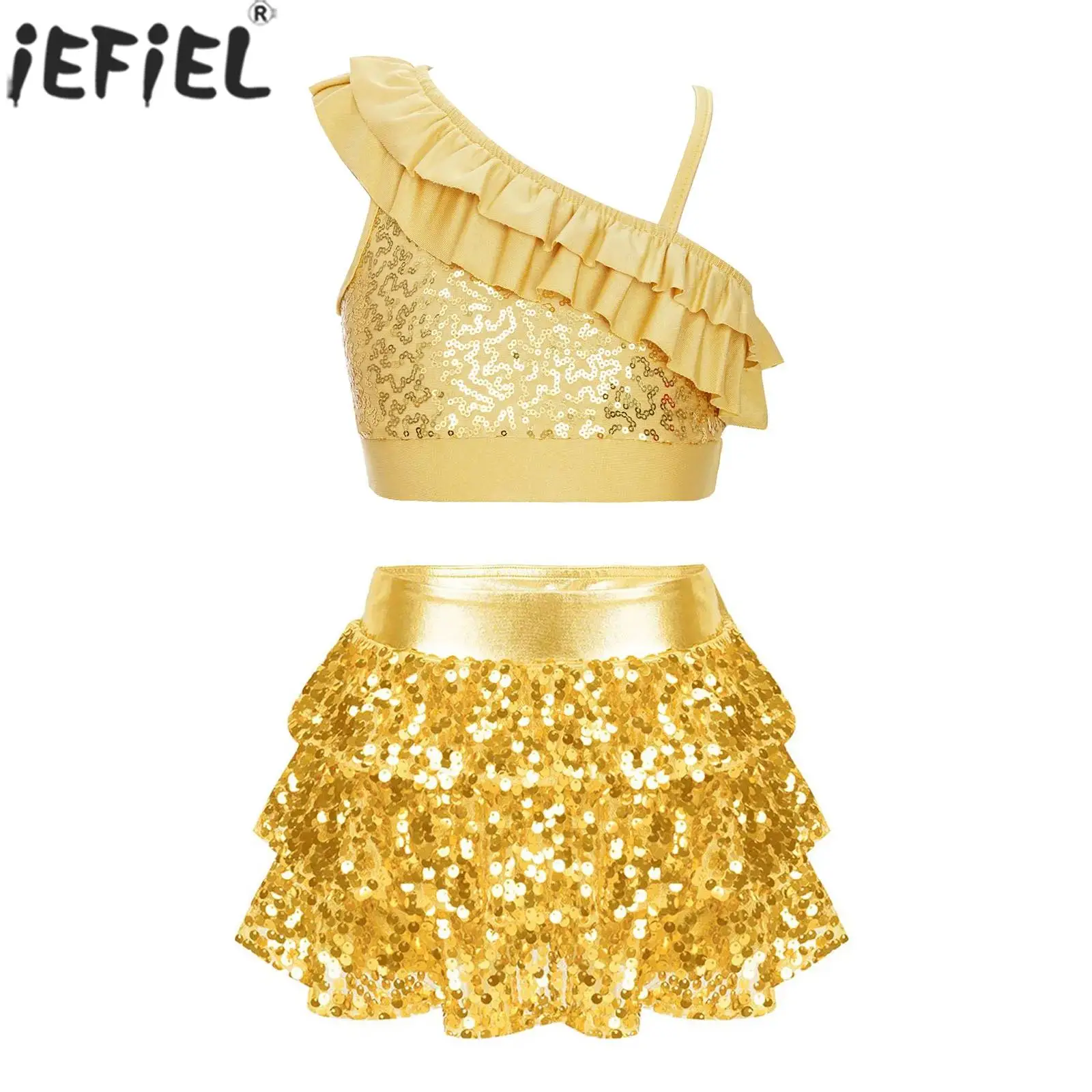 

Girls Shiny Sequin Jazz Dance Outfit Hip Hop Street Dancing Performance Costume Crop Top with Tiered Culottes Party Dancewear