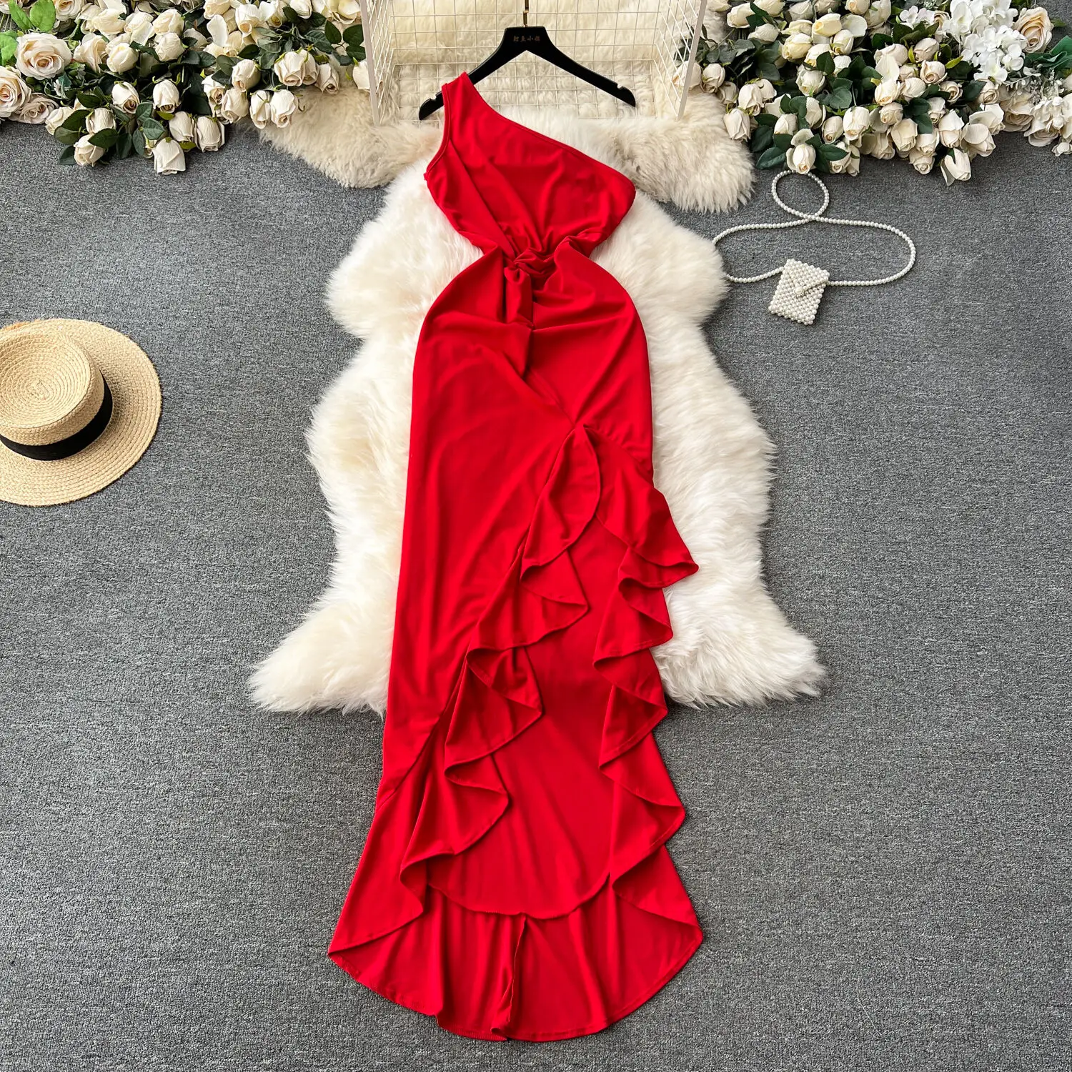 

Sexy One Shoulder Sleeveless Summer Dress for Women Fashion Solid Twist High Waist Slim Ruffles Asymmetrical Party Maxi Dresses