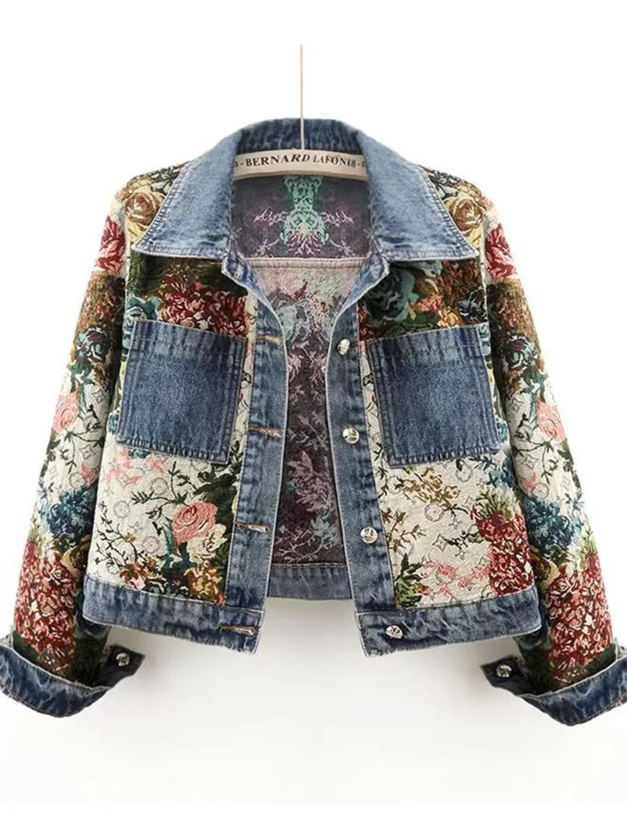 

Fashion Jacquard Floral Embroidery Denim Jacket Women Slim Short Cowboy Outerwear Streetwear Big Pocket Cropped Jeans Coat