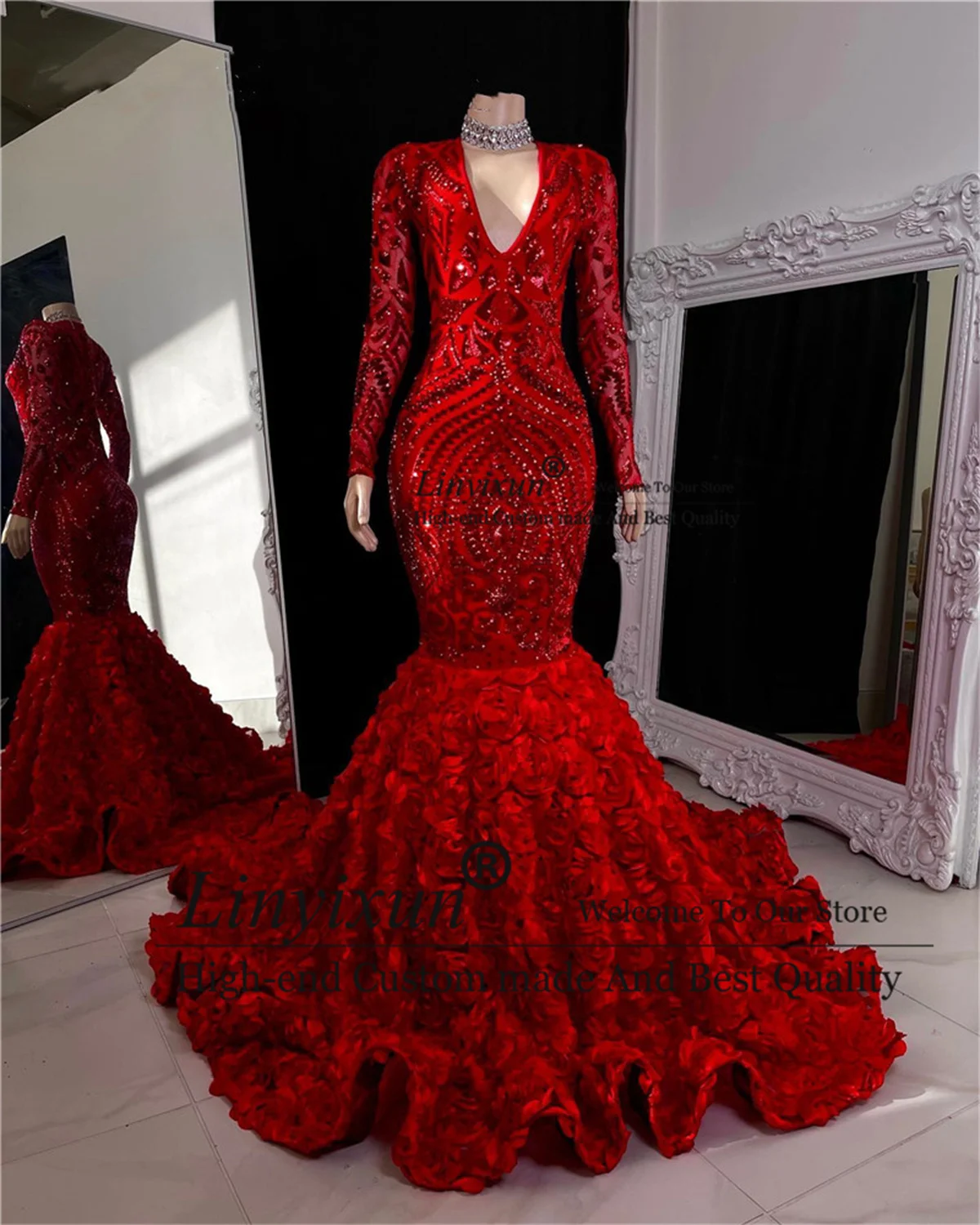 

Блестящие красные платья-русалки для выпускного вечера с блестками, бусинами, Формальные Вечерние платья для черной девушки, платье с оборками и шлейфом для вечеринки
