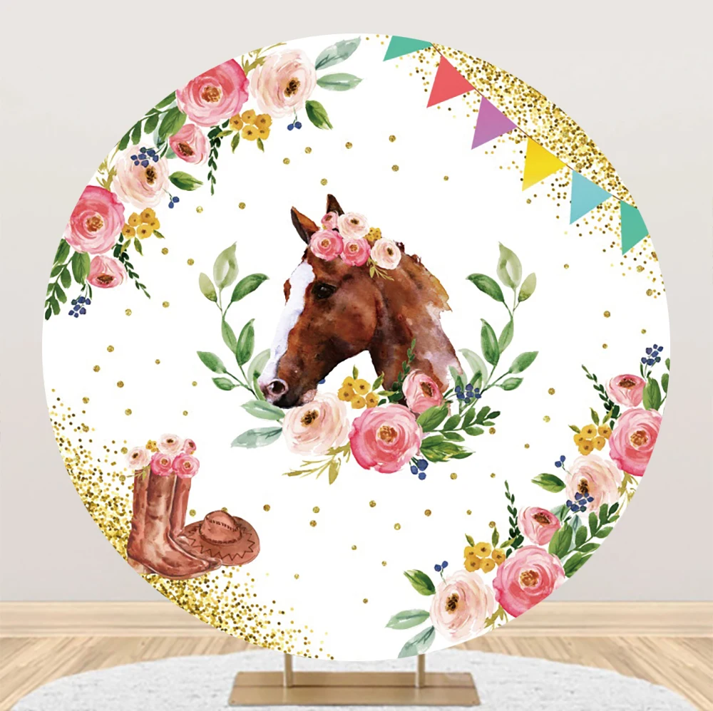 

Laeacco Cowgirl Birthday Round Background Wild West Theme Watercolor Flower Horse Girls Baby Shower Portrait Photography Backdro