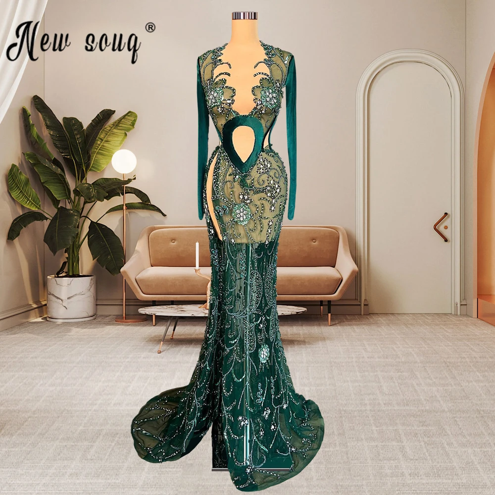 

2023 Couture See Through Dark Green Prom Gowns Beaded High Slit Side Long Evening Dress Handmade Pageant Formal Party Gowns