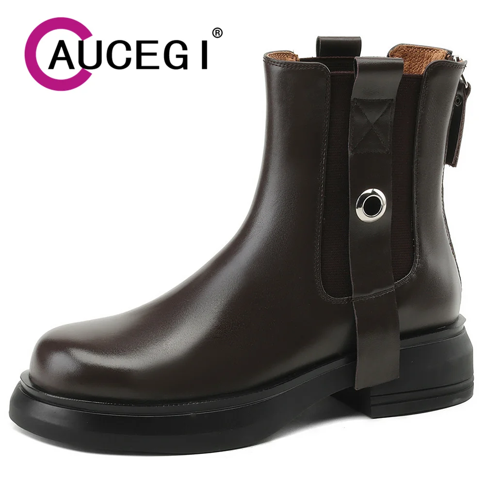 

Aucegi 2024 New Retro Slip On Chelsea Ankle Boots Genuine Leather Round Toe Square Med Heels Platform Autumn Winter Casual Shoes