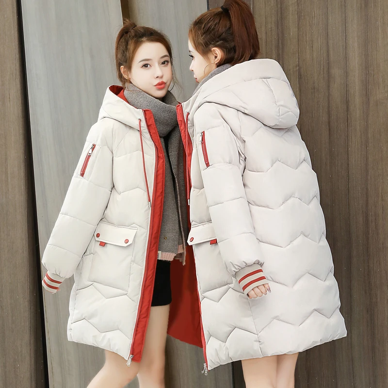

Теплое свободное однотонное Женское пальто с капюшоном, новинка 2023, пуховик из хлопка, Женское зимнее плотное пуховое пальто средней длины NBH822