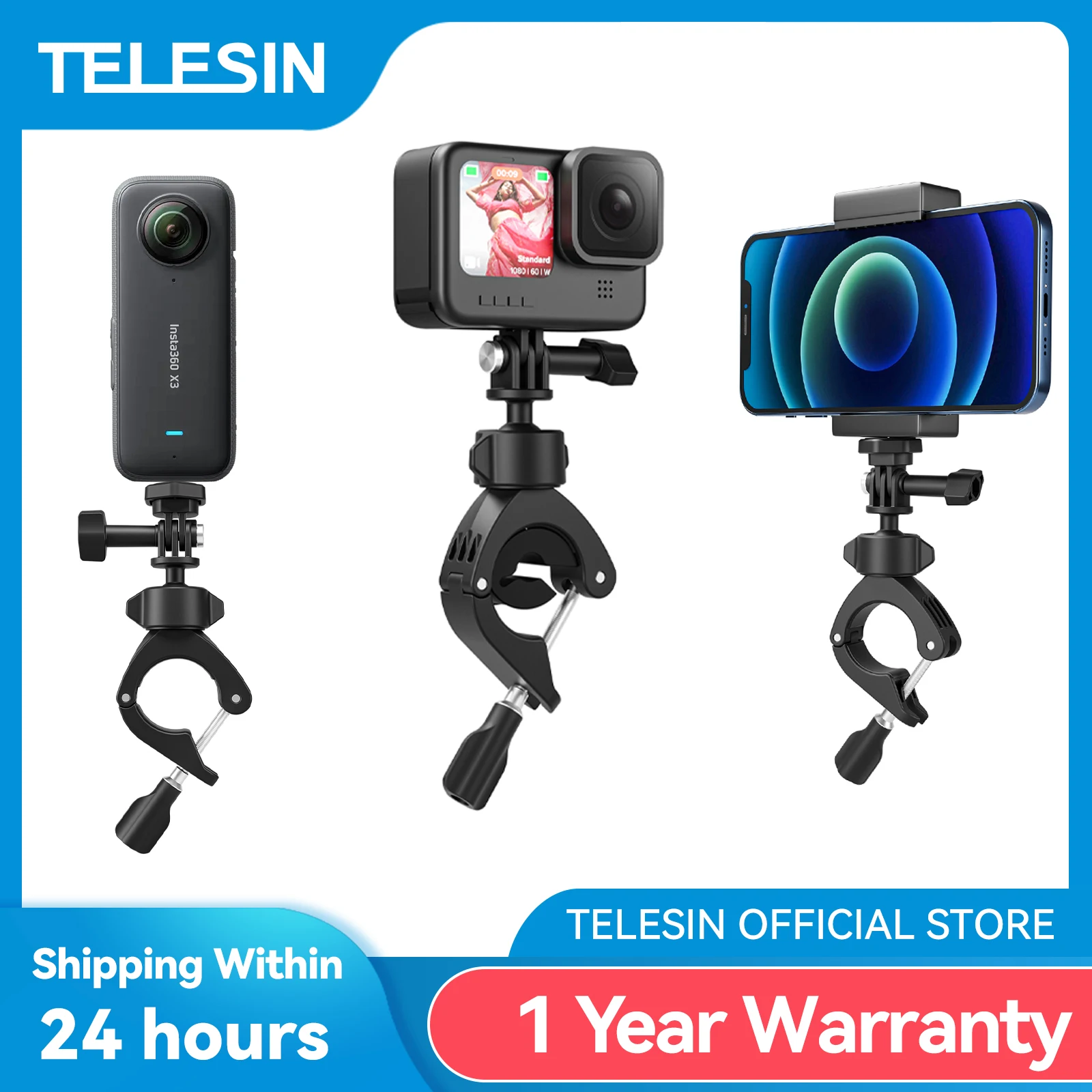 

TELESIN Cycling Motorcycle Clip 360° Super Clamp 1/4" Hole Bracket For GoPro DJI OSMO Action Insta360 Action Camera Accessories