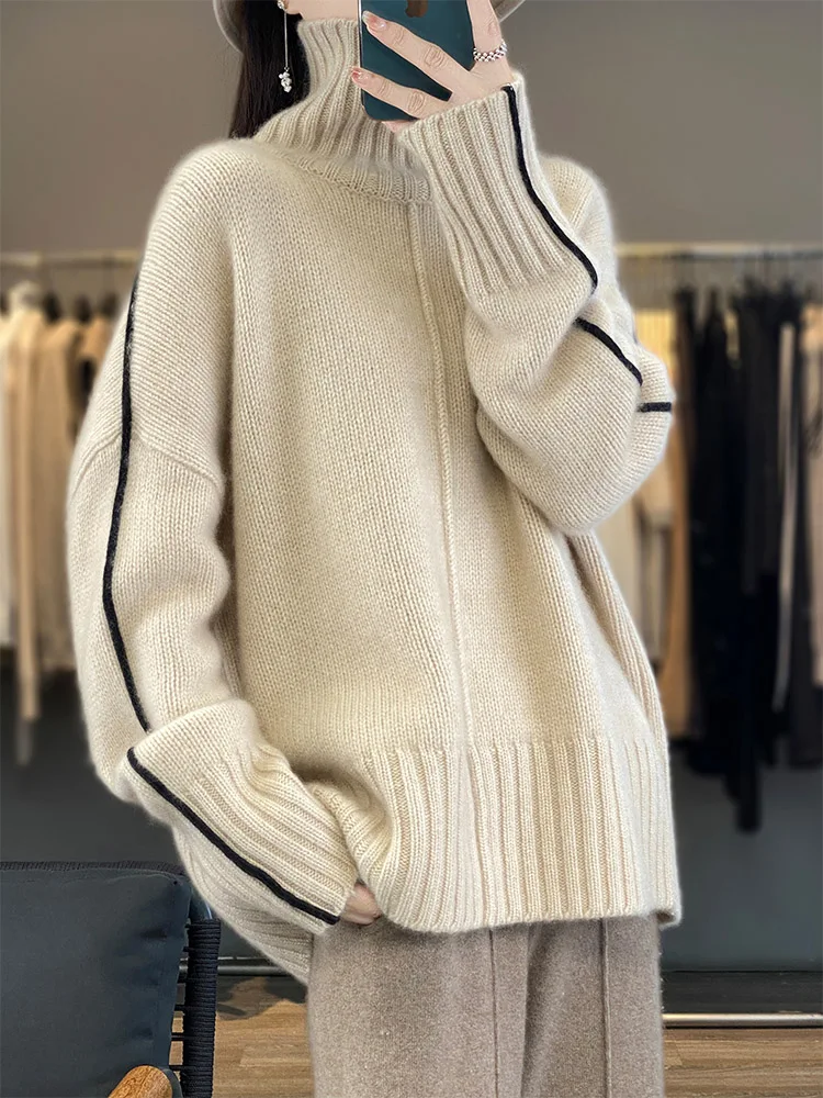 Autumn and winter new 100% pure cashmere sweater women's high neck loose thickened soft waxy sweater knitted wool bottoming shir
Autumn and winter new 100% pure cashmere sweater women's high neck loose thickened soft waxy sweater knitted wool bottoming shir