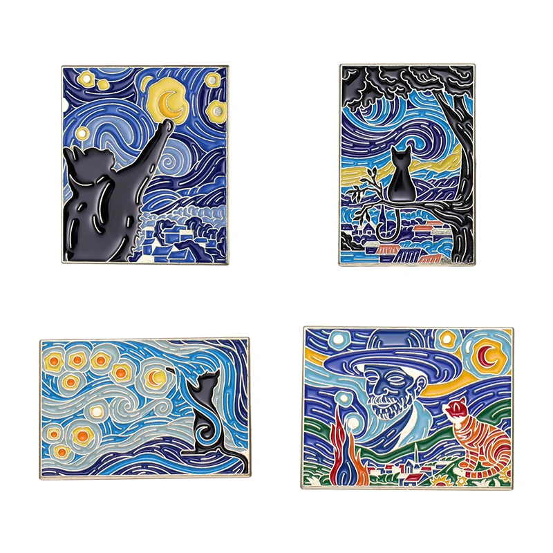 

Van Gogh Art Enamel Brooch Black Cat Star Pins Clothes Backpacks Hats Lapel Badges Fashion Jewelry Accessories Gifts 4pcs/set