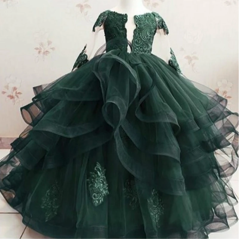 

Green Flower Girl Dresses For Wedding With Long Train Princess Girls Pageant Holy Communion Birthday Princess Guest Evening Part