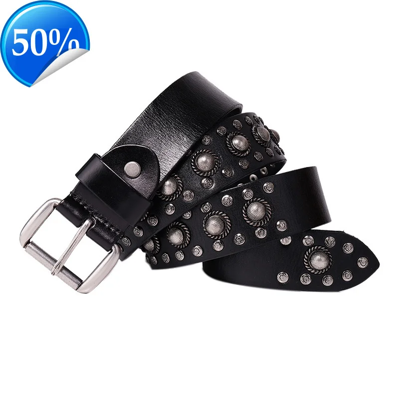 

3.8CM Brand Name New Men Rivet Punk Designer Male Metal Patch CowSkin Genuine Leather Belt Unique Styles Belts for Jeans