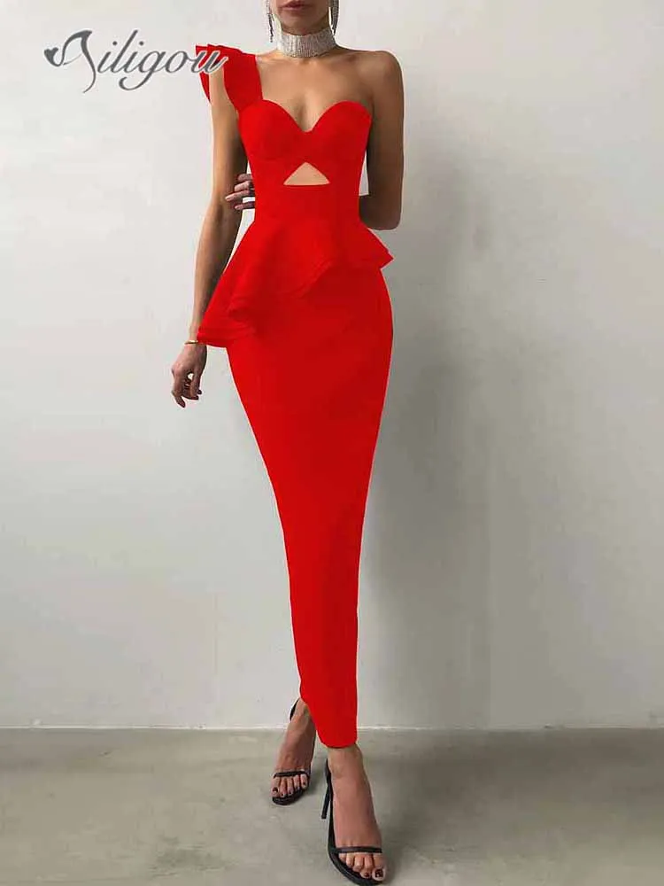 

Ailigou 2022 New Summer Women's One Shoulder Tight Bandage Dress Sexy Red White Ruffle Cutout Club Celebrity Runway Party Dress