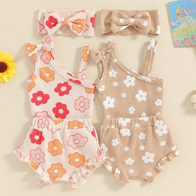

Baby Girl Waffle Set, Slash Neck Sleeveless Flower Print Romper + Frill Trim Shorts + Bow Headband Toddler 3 Piece Outfits