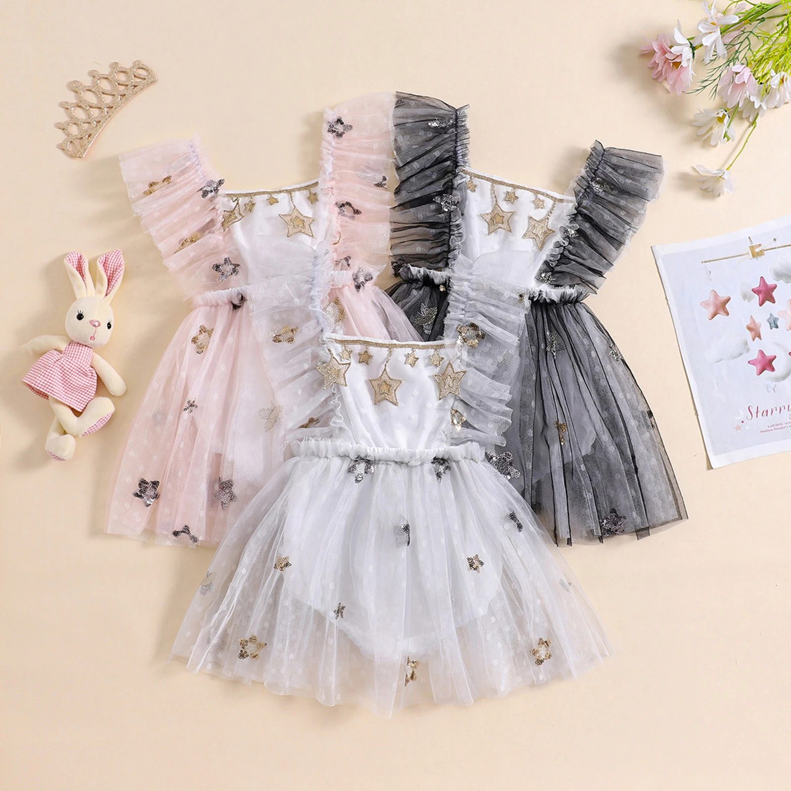 

Платье-комбинезон для маленьких девочек, Тюлевое боди с рукавами-фонариками и блестками и звездами, летняя одежда