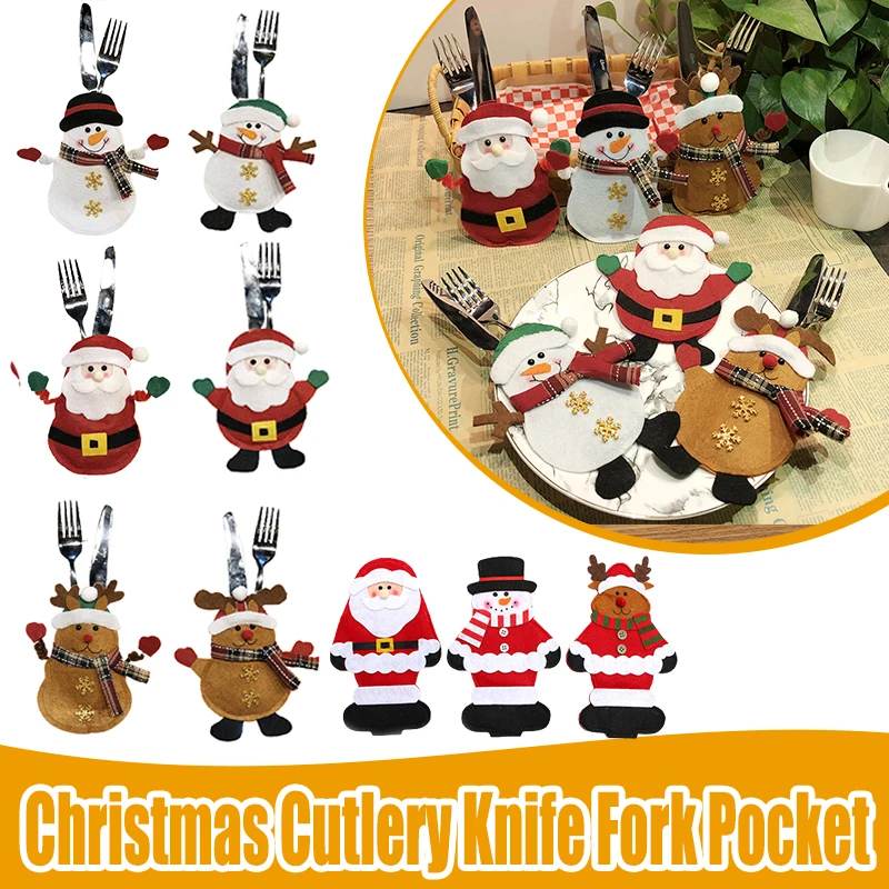 

New Year Christmas 2024 Cutlery Bag Cover Knife Fork Storage Bag Santa Claus Elk Xmas Tableware Bag Dinner Table Decorations