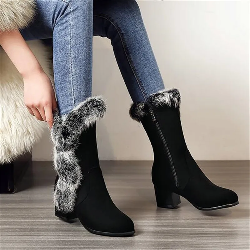 

New Winter Women Boots Casual Warm Fur Mid-Calf Boots Shoes Women Slip-On Round Toe Wedges Snow Boots Shoes Muje Plus Size 45