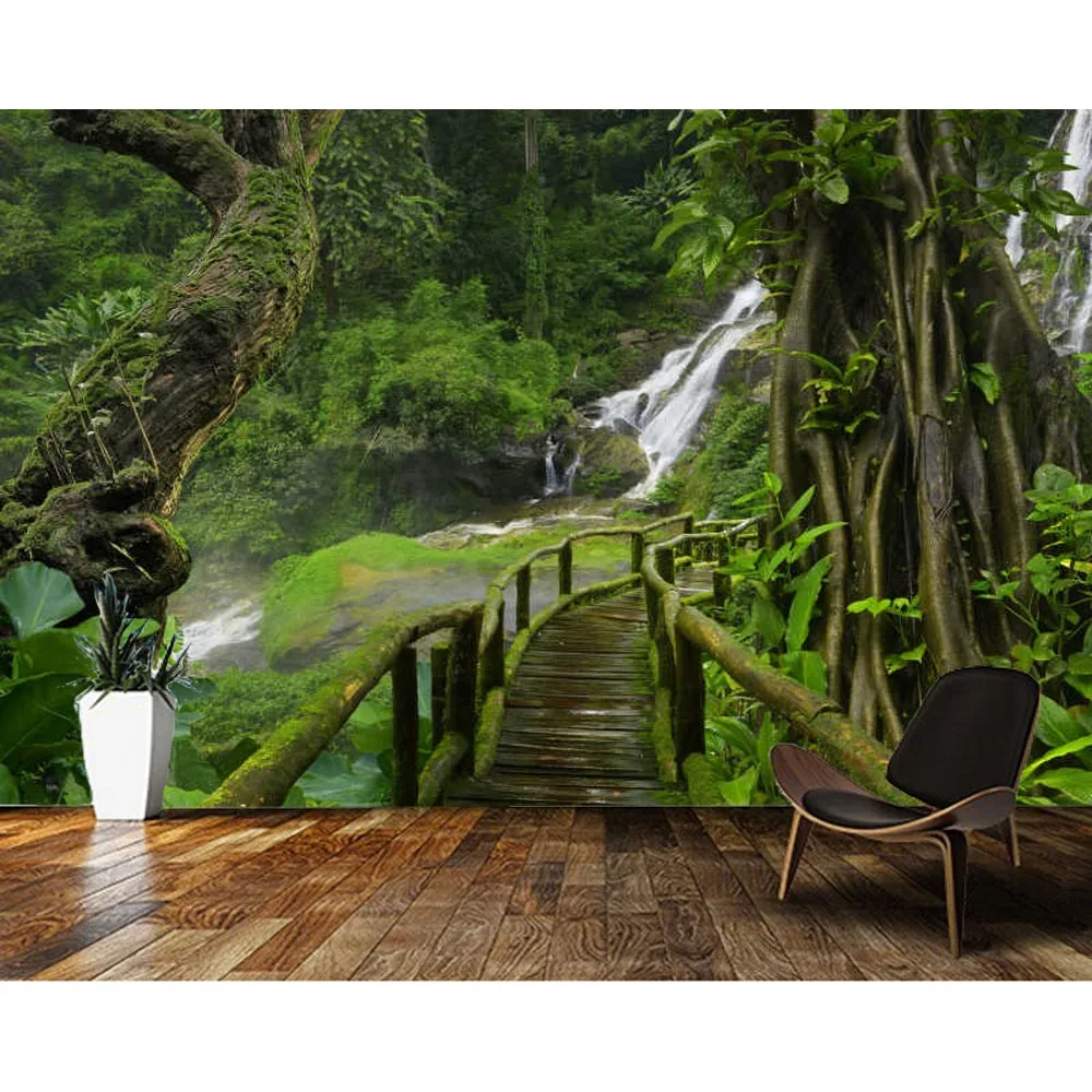 

Papel de parede Forest waterfall wooden bridge nature landscape 3d wallpaper,living room tv wall bedroom restaurant mural