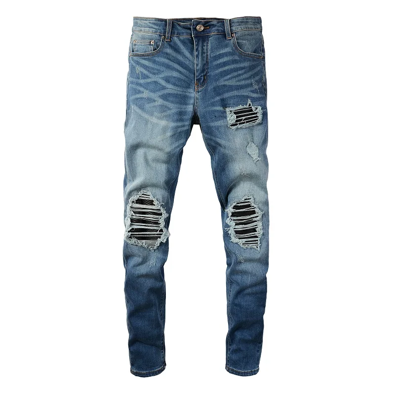 

Washed Blue EU Drip Fashion Men's Distressed Ribs Patchwork Jeans Italian Drip Damaged Holes Jeans Slim Fit Stretch Ripped Jeans
