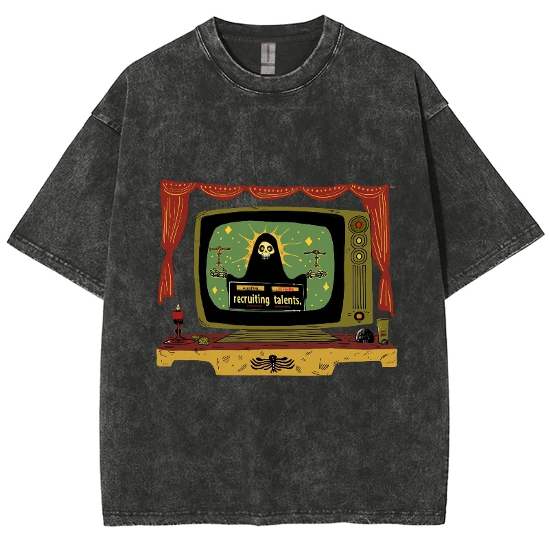 Cartoon Skeleton Retro TV Recruiting Talents, Fashion Y2K Washed T-shirt, Oversized Streetwear Washed Tshirts For Men Women
Cartoon Skeleton Retro TV Recruiting Talents, Fashion Y2K Washed T-shirt, Oversized Streetwear Washed Tshirts For Men Women