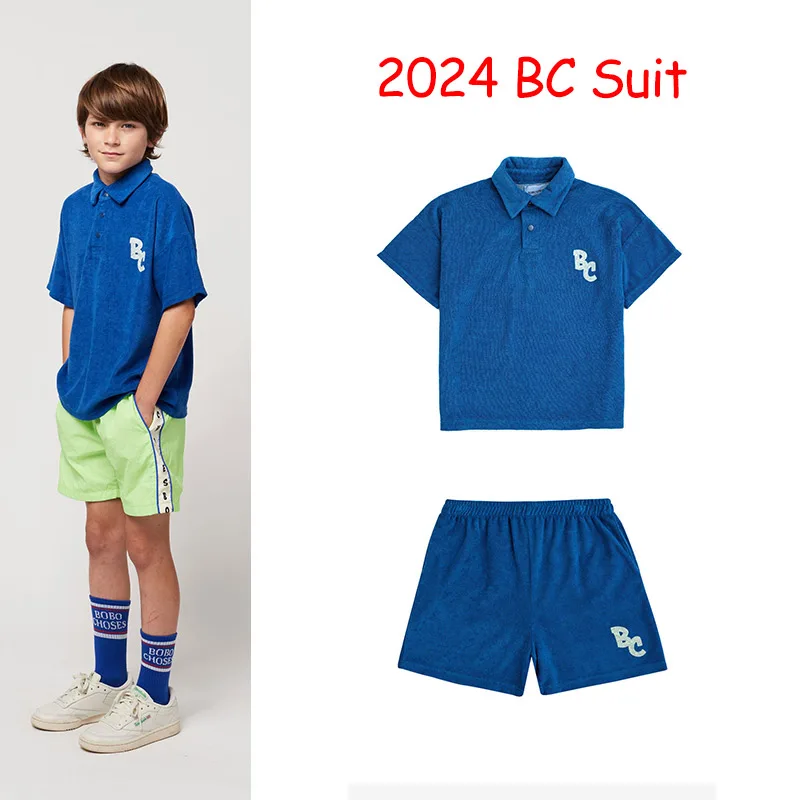 

2024 SS BC махровая футболка-поло, топ, шорты-бермуды, синий костюм для девочек, футболки с коротким рукавом и шорты с милым принтом, комплекты одежды, топы