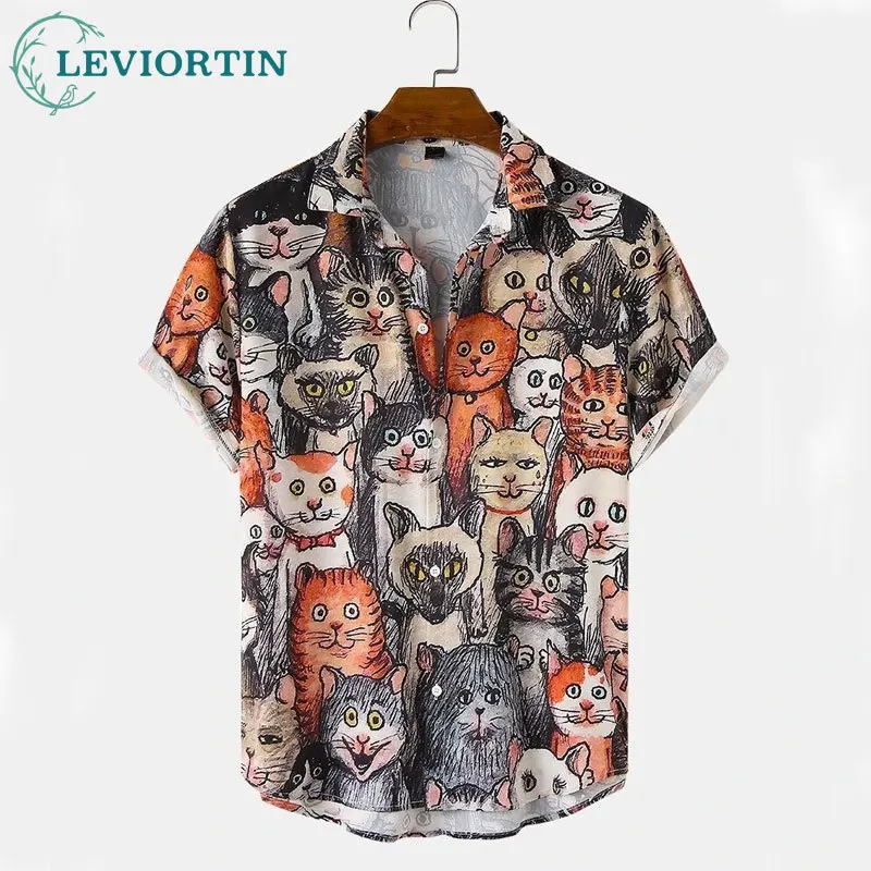 

Hawaiian Shirts Mens Halloween Allover Funny Cat Print Casual Short Sleeve Shirts Men Beach Blouse Tops Chemise Homme Y2K Unisex