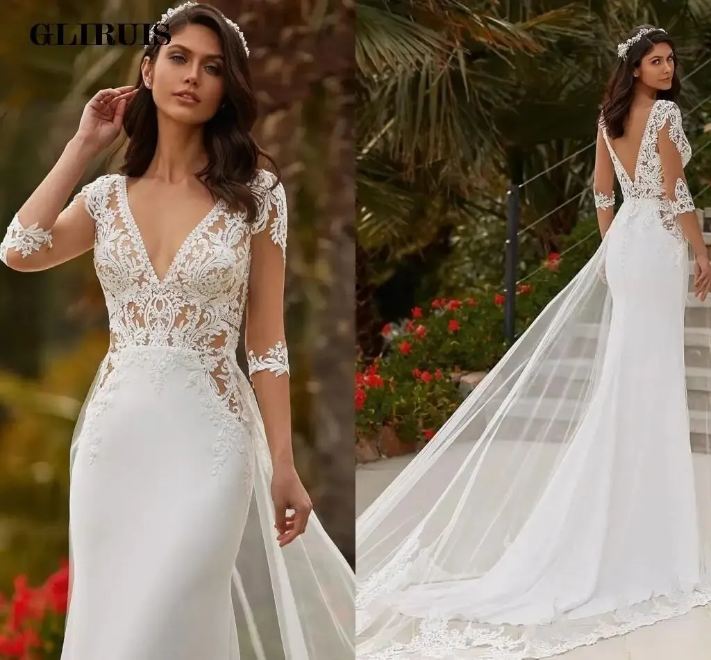 

Bohemian Mermaid Wedding Dresses 2022 Detachable Train 3/4 Sleeve Lace Appliques Charming For Women Backless Robe De Marie Civil