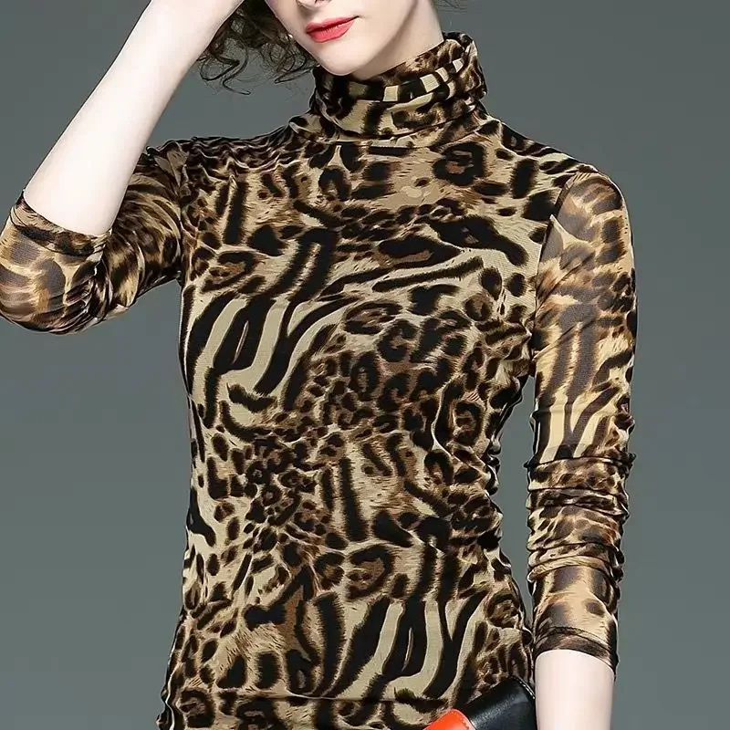 

Женская рубашка в иностранном стиле, футболка с длинным рукавом и леопардовым принтом, тонкий осенний Новый топ с высоким воротником, V83